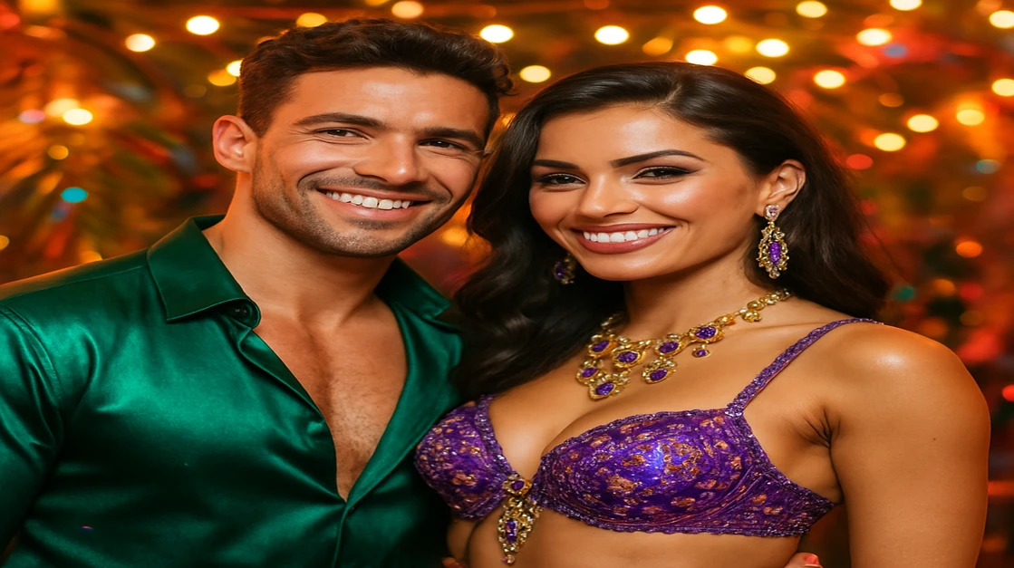 রঙিন কার্নিভাল পোশাকে হাসিখুশি ও আকর্ষণীয় এই দম্পতি খোলা আকাশে অনুষ্ঠিত এক প্রাণবন্ত উৎসবে উদযাপন করছেন; 299b-এ একসঙ্গে গেম খেলার মজা, সামাজিকতা ও উত্তেজনাপূর্ণ পরিবেশকে তুলে ধরছে।