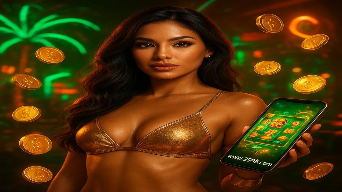 চামড়া-টপ পরা এক শক্তিশালী নারী যোদ্ধা পাশে একটি পিস্তল ধরে আছে; তার হাতে থাকা ফোনে 299b অ্যাপটি স্পষ্টভাবে দেখা যায়, যা বুলেট ও অ্যাকশন-থিমা-আইকন দ্বারা ভরপুর—চূড়ান্ত অ্যাডভেঞ্চার গেমারের জন্য।